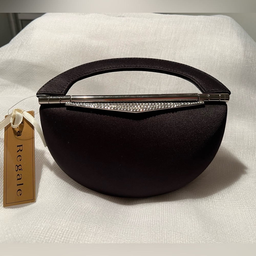 Black satin rhinestone closure bag.Great for wedding, proms or black tie